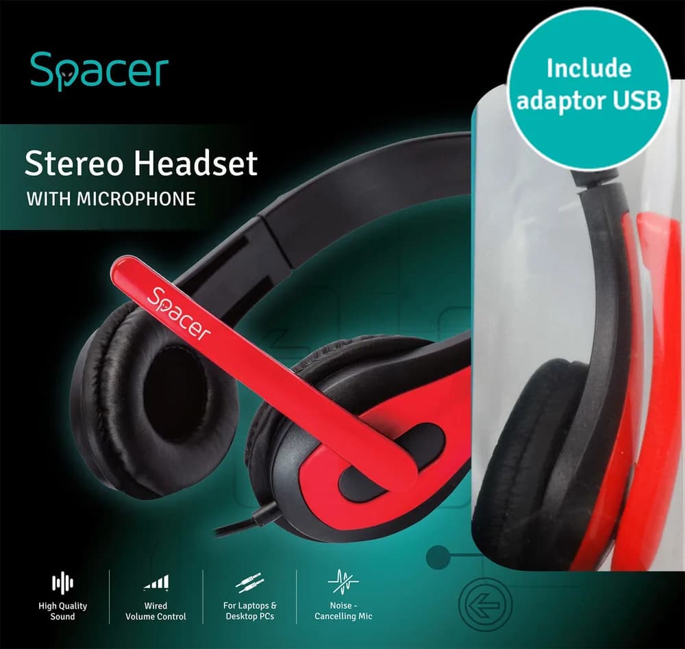 CASTI Spacer, cu fir, standard, utilizare multimedia, microfon pe brat, conectare prin adaptor USB 2.0 sau Jack 3.5 mm x 2, negru / rosu, "SPK-507-USB" — miniatură