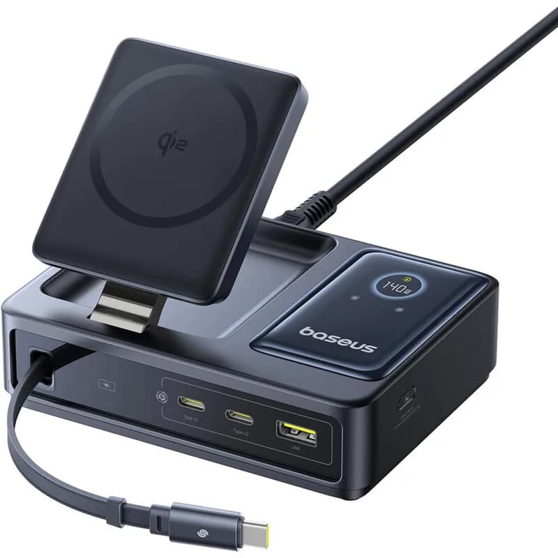 INCARCATOR retea Baseus NOMOS 5-in-1 Desktop Charger, Quick Charge 140W, incarcare wireless 15W max. Qi2, 3 x USB Type-C, 1 x USB, negru "P10170902123-00" - 6932172673406