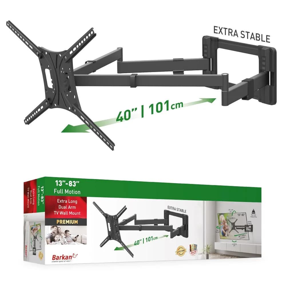 Suport TV plat/curbat de perete cu 2 brate Barkan BM464XL, 13"- 83", Max 50kg, VESA 600x400, negru — miniatură