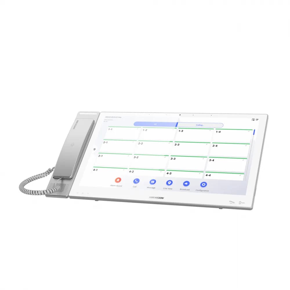 TERMINAL DE SECTIE 15.6 inch Hikvision DS-KHM9803X; Android Support HEOP development. Monitorizare video în timp real: Permite asistentei să vizualizeze camerele din saloane sau zone comune, monitorizând starea pacienților fără a intra în fiecare cameră. Comunicare audio bidirecțională: Funcție de