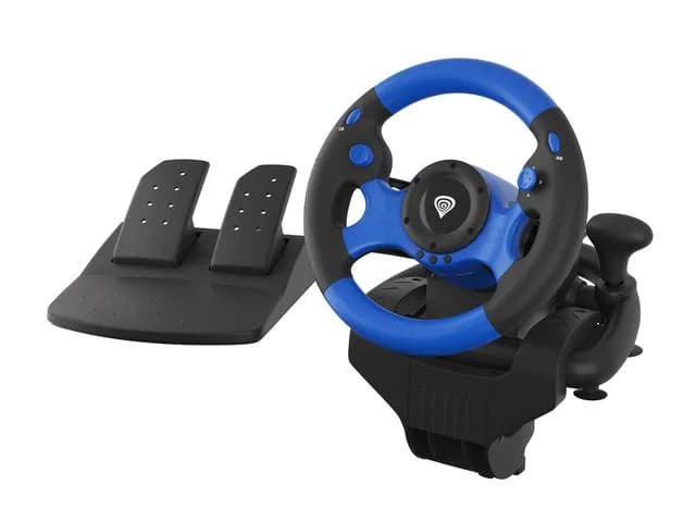Volan Genesis cu fir Seaborg 350, interfata USB, 15 butoane, rotatie 180°, lungime cablu 200cm, compatibil cu Microsoft XBOX 360, XBOX One, Microsoft XBOX Series S, Microsoft XBOX Series X, Nintendo Switch, PC. Sony PlayStation 3, Sony PlayStation 4, negru/albastru — miniatură