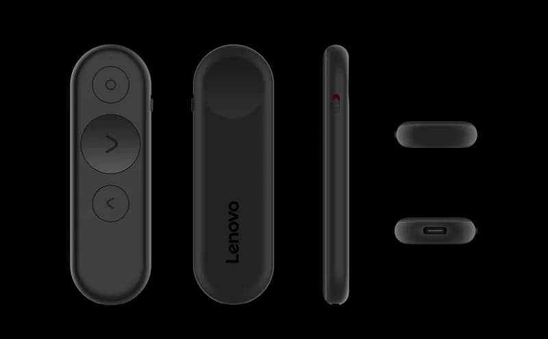 Lenovo Portable Rechargeable Presentation Remote; Connectivity: Bluetooth 5.3; Product Dimensions: 9.6 x 29.8x 92.7 mm; Color: Black; Battery Charging Time: About 2.5H; Packed Weight: 55g; Number of Button: 3 Buttons; Warranty Period: 1 Year