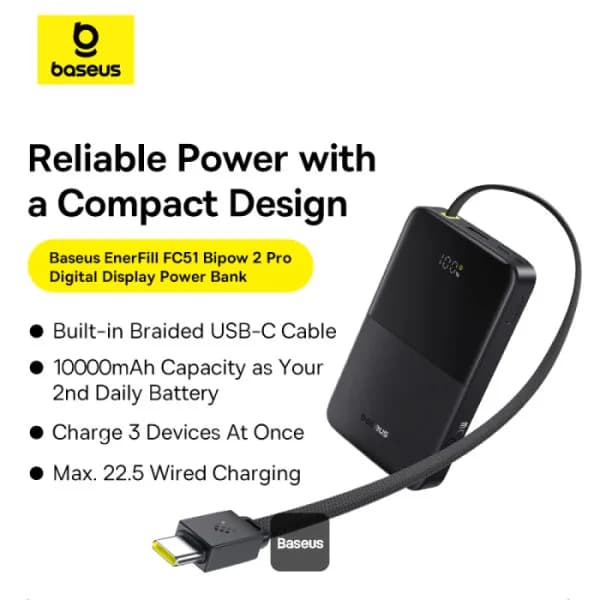 POWER BANK Baseus EnerFill FC51 Bipow2 Pro, 10000mAh, 22.5W, 1 x USB Type-C, 1 x USB, cablu integrat USB Type-C 22cm, negru, "E0027600" - 6932172691875 — miniatură