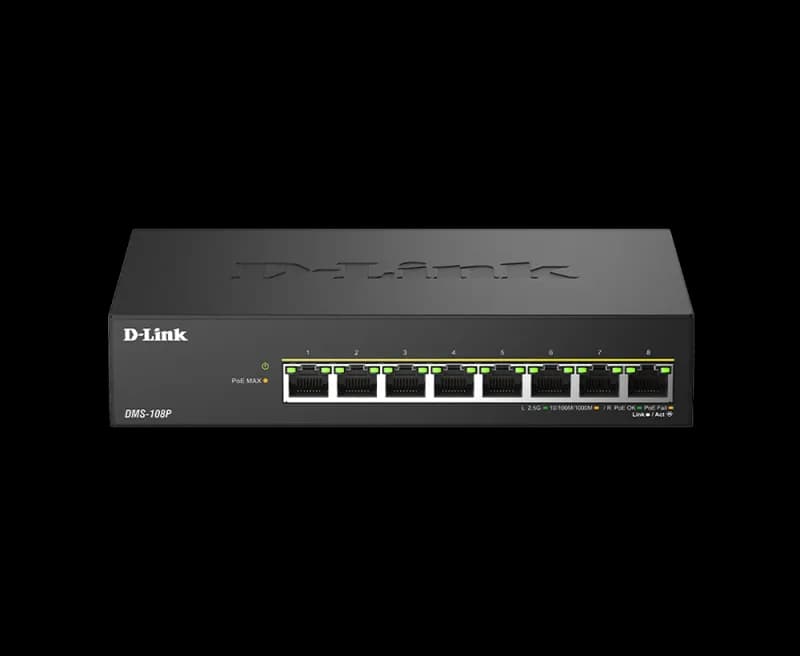 Switch DLink DMS-108P, 8 porturi, PoE, 8 x RJ-45, Auto MDI/MDIX adjustment for all ports, viteza de transfer LAN 2.5 Gbps, capacitate 40 Gbps