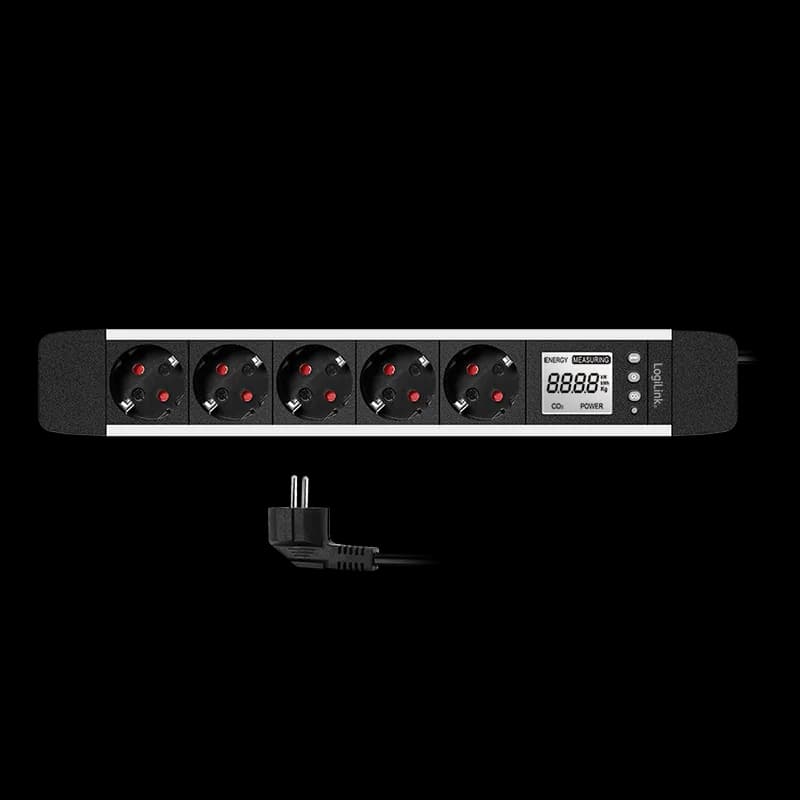 PRELUNGITOR LOGILINK, Schuko x 5, cablu 3G 1.5mm2, 230 V/16 A, 50 Hz, max. 3500 W, LCD consum, butoane: Power, Q, CO2, Reset, 1.4m, negru-argintiu, "LPS286" — miniatură