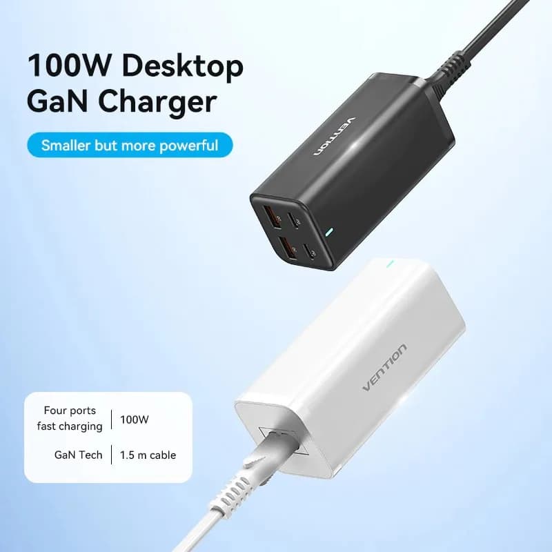 Alimentator retea Vention, 2 x USB-C (100W/100W), 2 x USB-A (18W/18W), GaN, PD, QC, Cablu alimentare 1.5m built-in, Cablu USB-C 1m inclus, negru, "FBSBG-EU" — miniatură
