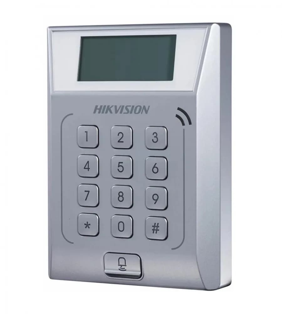Cititor standalone cu tastatura si card proximitate Hkvision DS-K1T802M, suporta cartele MIFAE, capacitate 3000 carduri si 10000 evenimente, autentificare: card, card si parola,display 128x64, Exit Button × 1, Door Sensor × 1, Doorbell × 1, E-lock Output × 1
