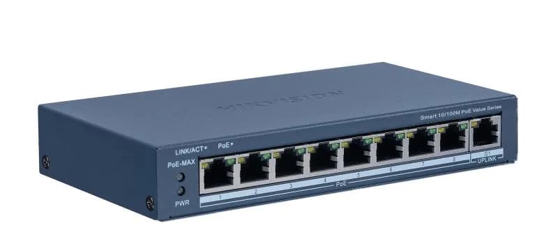Switch PoE Hikvision DS-3E1309P-EI/M: 8 × 10/100 Mbps PoE port, 1 × Gigabit RJ45 port, 8 porturi PoE maxim 30W, buget PoE 60W, tensiune alimentare: 48 VDC, 2.5 A, dimensiuni: 170.00 mm × 27.60 mm × 93.10 mm, greutate: 0.350g, montare pe birou sau pe perete.