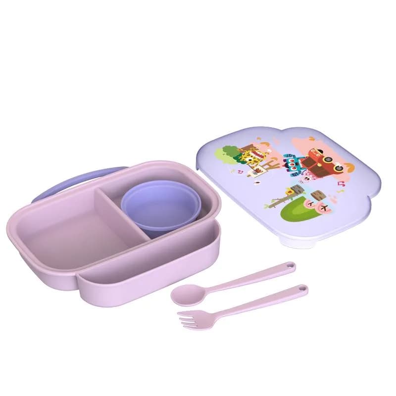 Farfurie compartimentata cu capac si lingurita si furculita, mov, U-Grow — miniatură