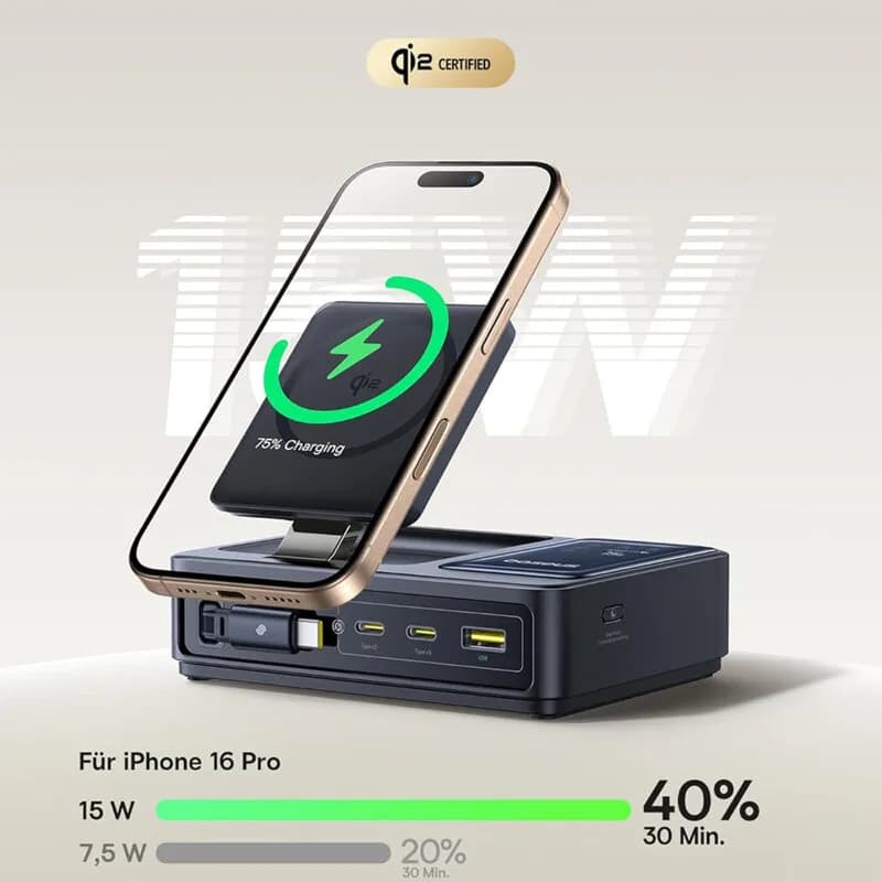 INCARCATOR retea Baseus NOMOS 5-in-1 Desktop Charger, Quick Charge 140W, incarcare wireless 15W max. Qi2, 3 x USB Type-C, 1 x USB, negru "P10170902123-00" - 6932172673406 — miniatură