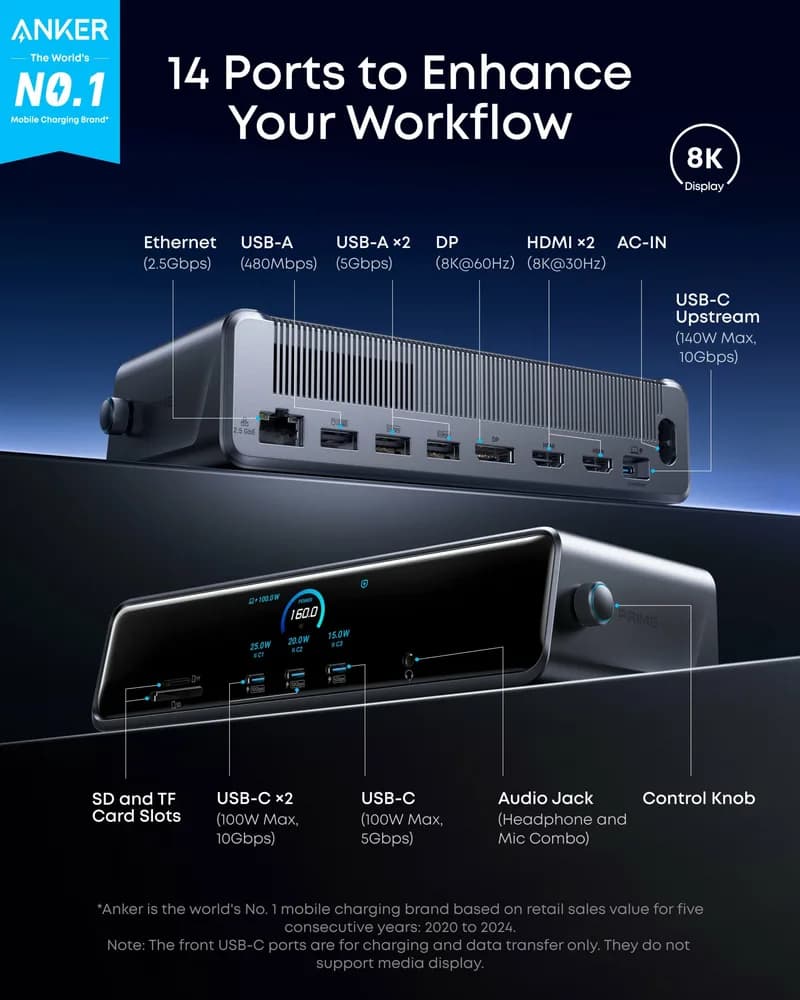 DOCKING Station Anker Prime 14-in-1, porturi: 3 x USB-C, 3 x USB-A, 2xHDMI, 1xDisplay port, RJ-45 2.5Gbps, SD,TF, afisaj digital, PD 140W, conectare prin USB-C, retea, gri, "A83B33A1" ( - 0194644291846 — miniatură