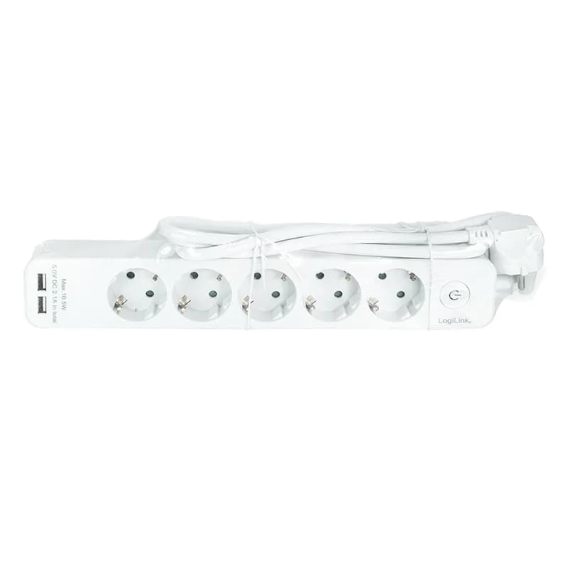 PRELUNGITOR LOGILINK, Schuko x 5, USB x 2 5V/2.1A (10.5 W), cablu 3G 1.5mm2, 230 V/16 A, 50 Hz, max. 3600 W, buton intrerupator iluminat, IP20, 1.5m, alb "LPS249U" (include TV 0.80lei) — miniatură