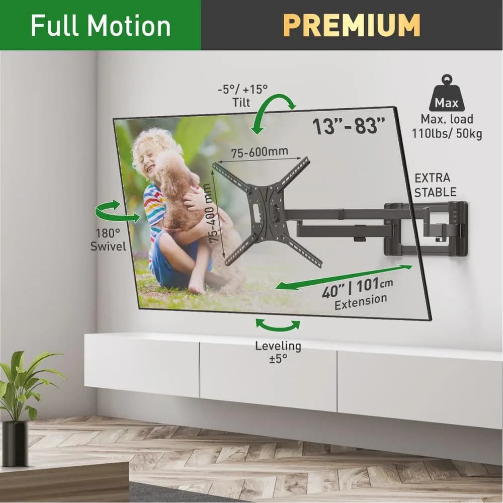 Suport TV plat/curbat de perete cu 2 brate Barkan BM464XL, 13"- 83", Max 50kg, VESA 600x400, negru — miniatură