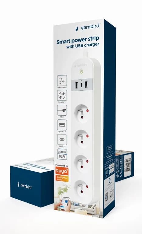 PRELUNGITOR GEMBIRD, Schuko x 4, WiFi, conectare prin Schuko (T) French, cablu 1.5 m, 16 A, 3680W, 2xUSB-A, 1xUSB-C 12W, compatibil Tuya, alb, "TSL-PS-F4U-01-W" — miniatură