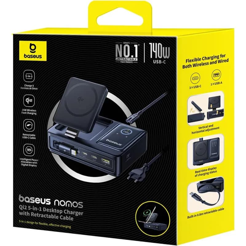 INCARCATOR retea Baseus NOMOS 5-in-1 Desktop Charger, Quick Charge 140W, incarcare wireless 15W max. Qi2, 3 x USB Type-C, 1 x USB, negru "P10170902123-00" - 6932172673406 — miniatură