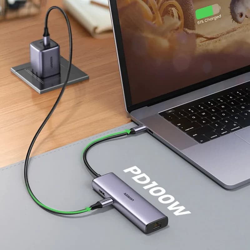 DOCKING Station Ugreen, "CM512" conectare PC USB Type-C, USB 3.0 x 2| RJ-45 Gigabit x 1|HDMI 4K x 1 la 30Hz|USB-C x 1 PD 100W, aluminiu, gri "90568" - 6957303895687 — miniatură