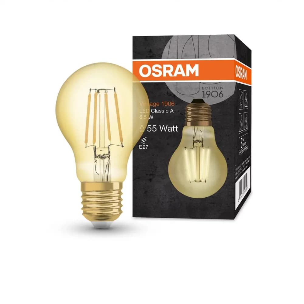 Bec LED Osram Vintage 1906 CLAS A, E27, 6.5W (50W), 650 lm, lumina calda(2400K), cu filament