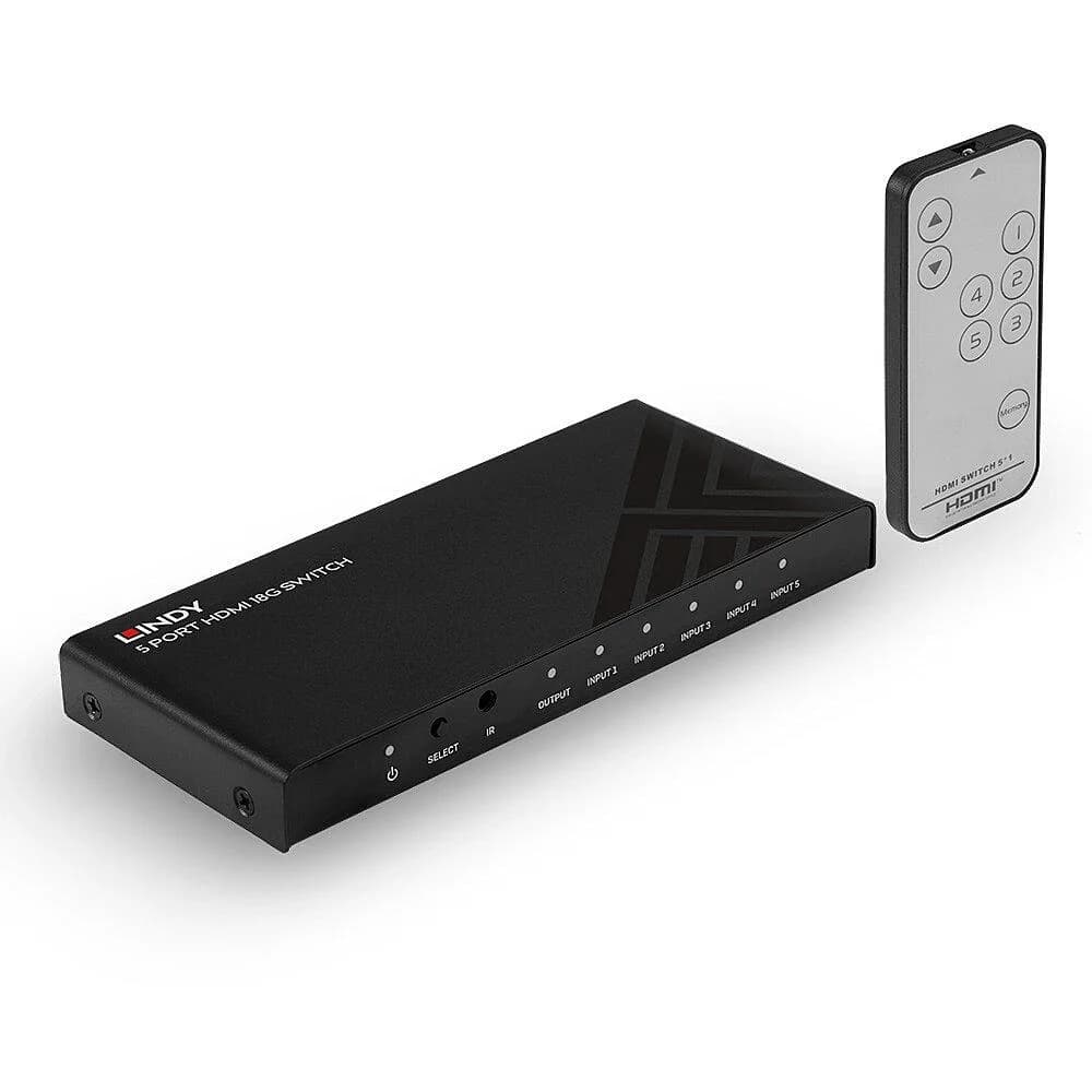Lindy 5 Port HDMI 18G Switch Technical details Specifications AV Interface: HDMI Interface Standard: HDMI 2.0 Supports Bandwidth: 18Gbps Maximum Resolution: 3840x2160@60Hz 4:4:4 8bit HDCP Support: HDCP 2.2 Supported Audio: Audio Pass-through Separate Audio Ports: - IR Support: 38kHz CEC Support