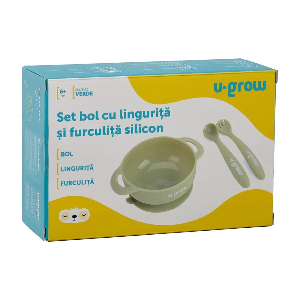 Set bol cu lingurita si furculita silicon, olive,U-Grow — miniatură