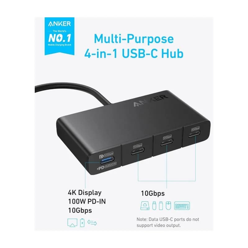 HUB Anker, 4-in-1, USB-C x 4 porturi, incarcare prin USB Type-C, viteza 10 Gbps, conectare prin USB-C, 100W PD in, 85W PD out, gri, "A8340GA1" ( - 0194644042202 — miniatură