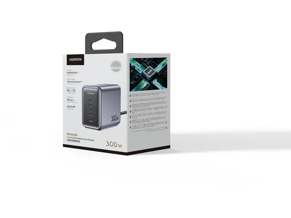 INCARCATOR RETEA UGREEN, "CD333" 300W GaN Nexode Desktop Charger PD3.1, 4 x USB Type-C, 1 x USB, lungime cablu 2m, gri "90903B" — miniatură