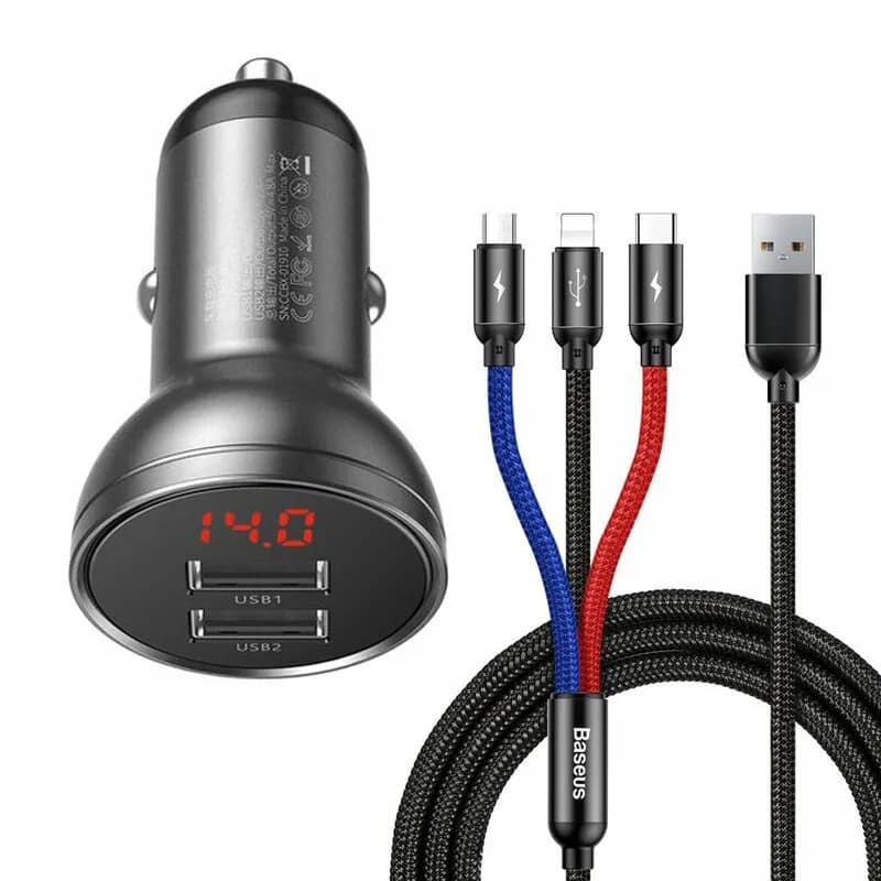 INCARCATOR auto Baseus Digital Display,Quick Charge 24W,2 x USB 5V/4.8A,contine cablu 3 in 1: USB la USB Type-C,microUSB si Lightning de 1.2m, gri "TZCCBX-0G" - 6953156215405 — miniatură