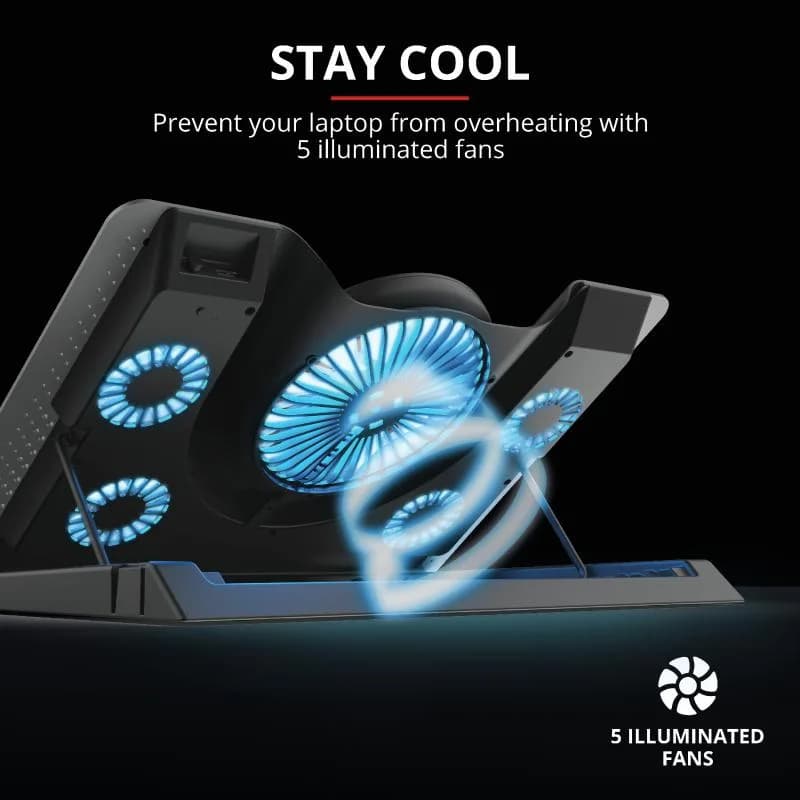 Stand/Cooler notebook Trust GXT 1125 Quno, max 17.3 inch, 5 ventilatoare, suport de telefon detasabil — miniatură