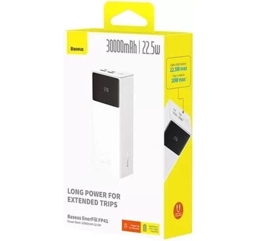 POWER BANK Baseus EnerFill FP41, 30000mAh, 22.5W, display, 1 x USB, 1 x USB Type-C, cablu inclus USB la USB Type-C 0.3m, alb, "E0027K01" - 6932172691196 — miniatură
