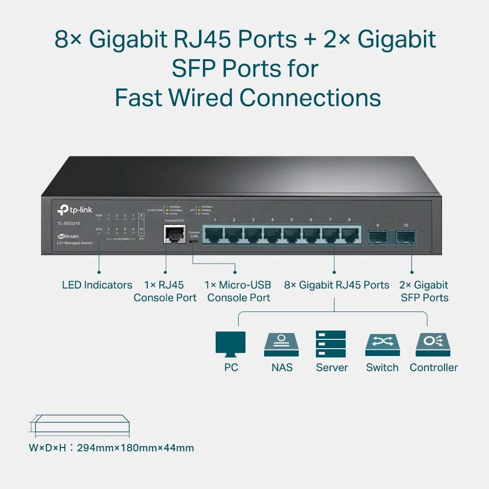 Switch TP-Link cu management L2+, 8 Porturi Gigabit, 2 x SFP Gigabit "TL-SG3210" — miniatură