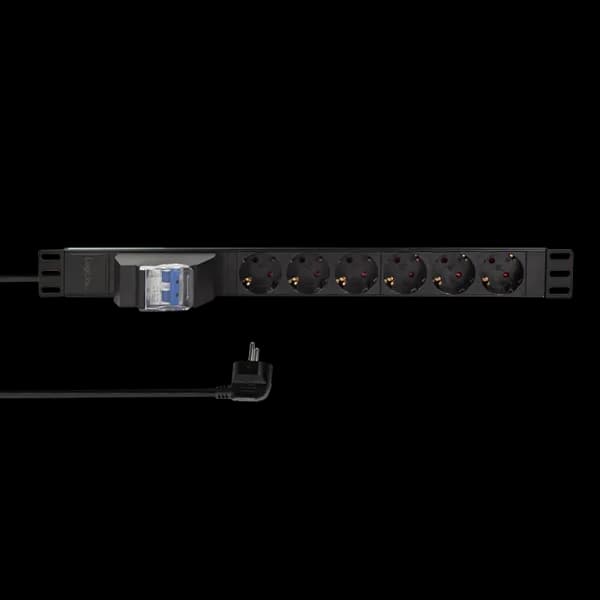 PDU LOGILINK 1U pt. rack 19 inch, 6 prize Schuko, intrare Schuko, max 16 A, circuit intrerupere 2 poli, 2 m, "PDU6C02" — miniatură