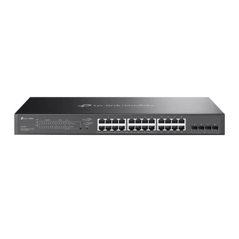 Omada 28-Port Gigabit Smart Switch with 16-Port PoE+ PORT: 24× Gigabit Ports (16×PoE+ and 8× Non-PoE), 4× Gigabit SFP Slots SPEC: 16× 802.3at/af, 150 W PoE Power, 1U 19-inch Rack-mountable Steel Case, Fanless FEATURE: Integration with Omada SDN Controller, Static Routing, 802.1Q VLAN, STP/RSTP/MSTP