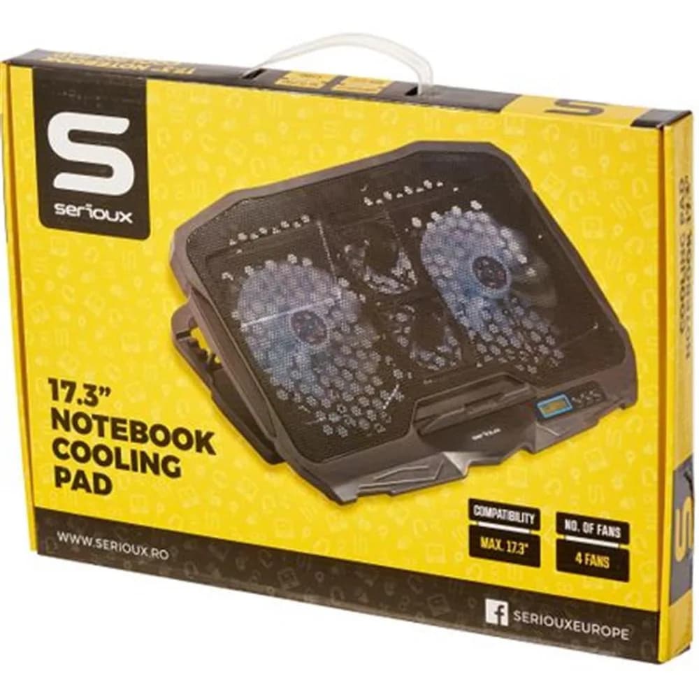 Cooling pad Serioux, SRXNCP025, Dimensiuni: 390*280*28mm, Compatibilitate maxima laptop: 17.3 inch, Numar ventilatoare: 4, Dimensiune ventilator: 2 x 125*125*15mm / 2 x 70*70*15mm, Nivel zgomot: 15-20dB, Flux aer: 56-75CFM, Tensiune alimentare: DC 5V, Viteza rotatie maxima: 1200 RPM, Display LCD, 2
