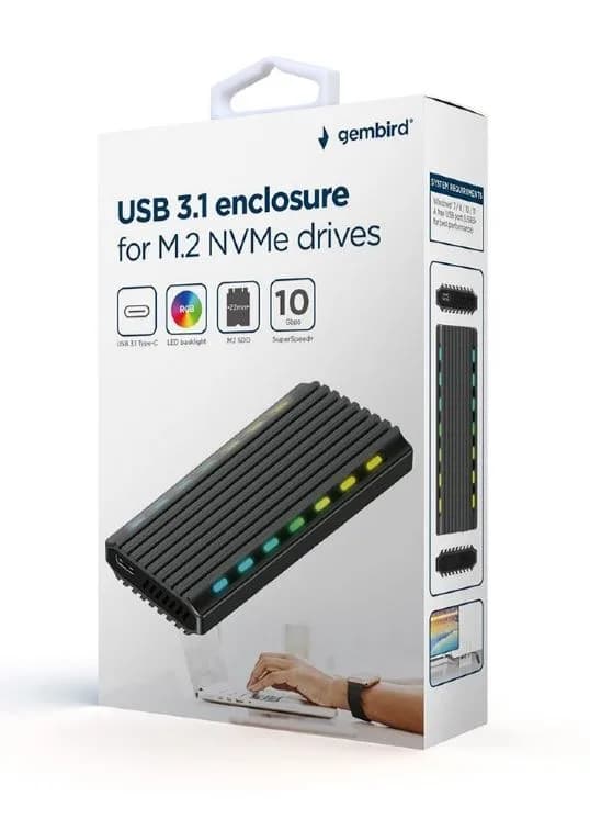 RACK extern GEMBIRD, pt. SSD, M.2, M.2 S-ATA NGFF si M.2 PCIe NVME, interfata PC USB 3.1, RGB LED backlight, aluminiu, argintiu, "EE2280-U3C-03" — miniatură