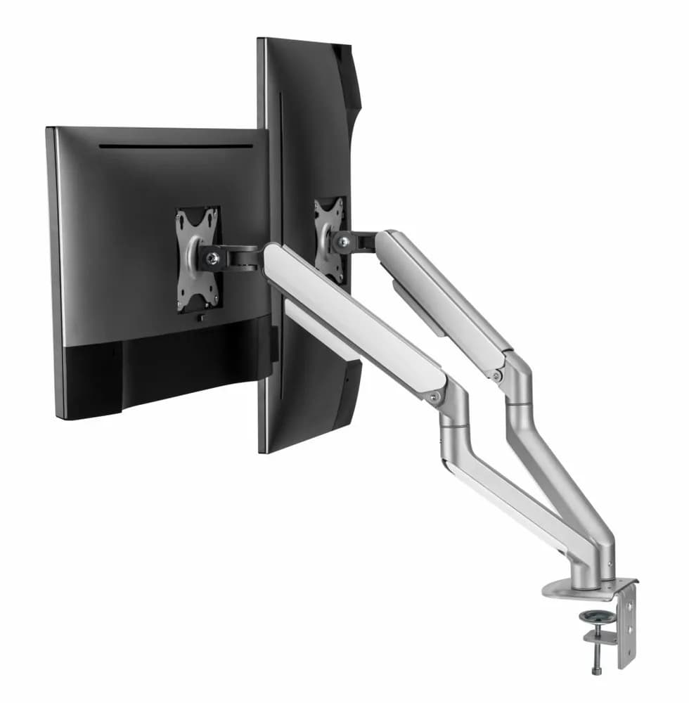 Suport 2 monitoare Serioux MM63-C024, arc cu gaz, compatibilitate dimensiune ecran 17"-32", greutate maximă suportata: (per ecran): 2~ 9kg, VESA: 75x75, 100x100, inclinare: +55°~-55°, pivotare: +90°~-90°, rotația ecranului: +180°~-180° — miniatură