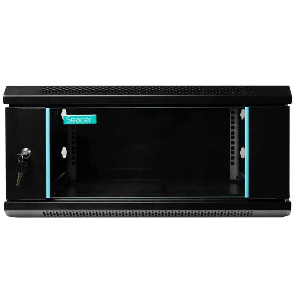 CABINET 19″ SPACER 4U 600x450mm, fixare pe perete, Flatpack (dezasamblat), Black, usa sticla cu blocare, panouri detasabile, otel 1.5mm, sarcina maxima 60Kg — miniatură