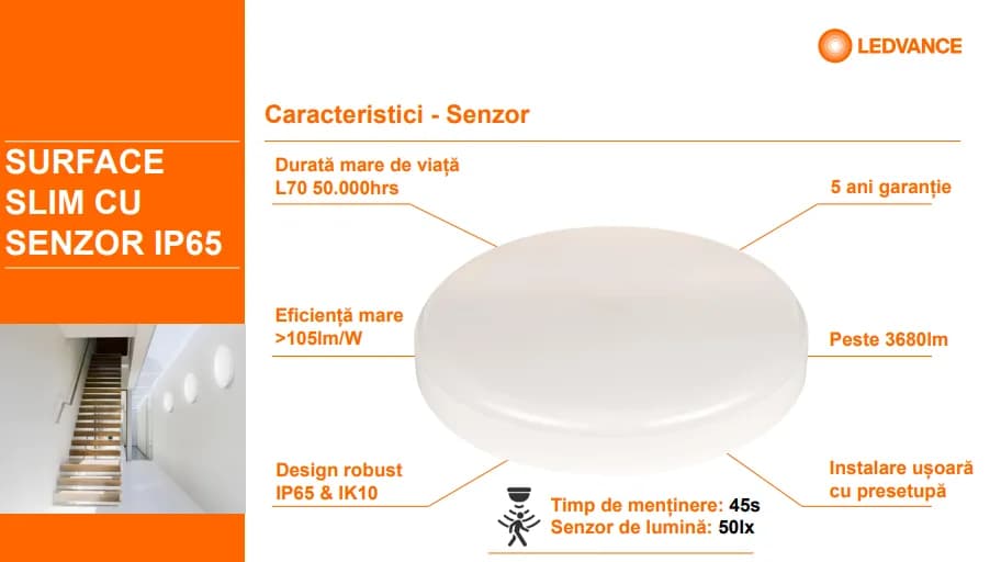 Plafoniera LED pentru exterior cu senzor de miscare Ledvance SURFACE SLIM SQUARE 260, 26W, 2730 lm, lumina neutra (4000K), IP65/IK10, 260x260x55mm, Alb — miniatură