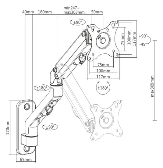 SUPORT de perete GEMBIRD, pt 1 TV/monitor plat, diag. max 17" - 27", rotatie, inclinare, pliere, 2 ~ 7 kg, "MA-WA1-02" — miniatură