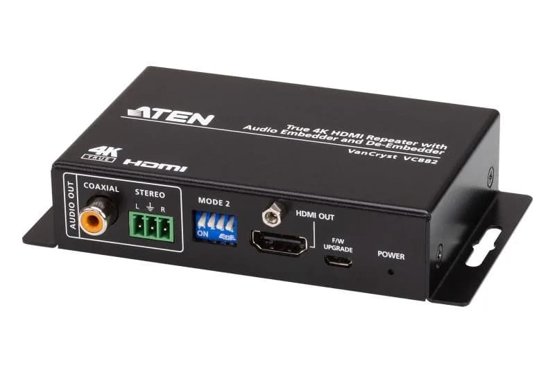 Repeater ATEN VC882: Tipul: Repeater AV, Rezoluţia maximă: 4096 x 2160 Pixel, Maximă de transfer de la distanţă: 5 m. Tehnologia de conectare: Prin cablu, Conector USB: Micro-USB, Intrare audio: 3-pin terminal. Lățime: 82,2 mm, Adâncime: 122,2 mm, Înălţime: 25 mm. Lăţime de ambalaj: 59 mm, Adâncimea