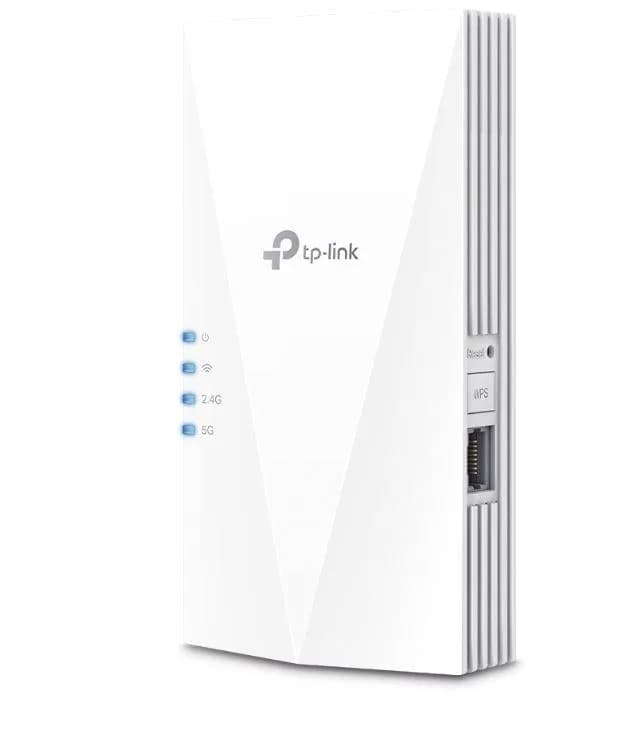 TP-link AX1800 Wi-Fi6 Range Extender, RE600X, Dual-Band, Standarde wireless: IEEE 802.11a/n/ac/ax 5GHz, IEEE 802.11b/g/n/ax 2.4GHz, interfata: 1 x 10/100/1000, Dimensiuni: 78×36×149 mm, 2 x antene interne, viteza wireless: 574 Mbps la 2.4GHz, 1201 Mbps la 5GHz.