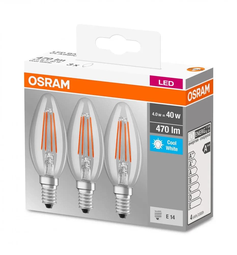 3 Becuri LED Osram Base Classic B, E14, 4W (40W), 470 lm, luminaneutra(4000K), cu filament — miniatură