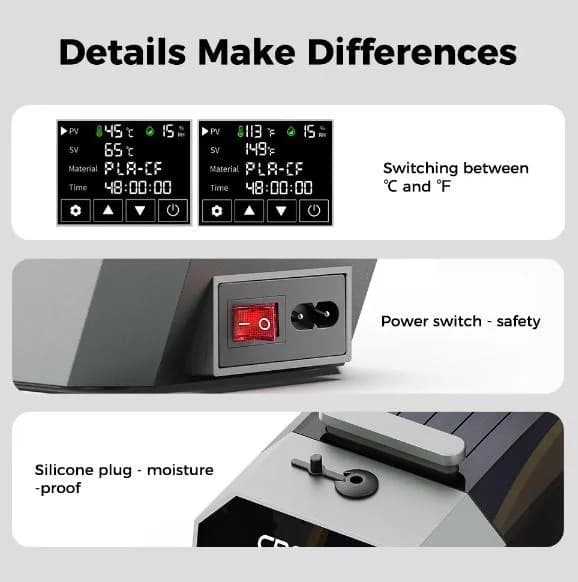 CREALITY 3D SPACE PI FILAMENT DRYER, dimensiuni: 300x200x100mm, 145W, Control temperatura : 45°C-70°C, Durata incalzire: 0-48h, Diametru filament compatibil: 1.75mm/2.85mm.Recomandat pentru: PLA, TPU, PP, ABS, ASA, PETG, PC, PET, PLA-CF, PETG-CF, PA-CF, Touchscreen 3.7", Monitorizare umiditate. — miniatură