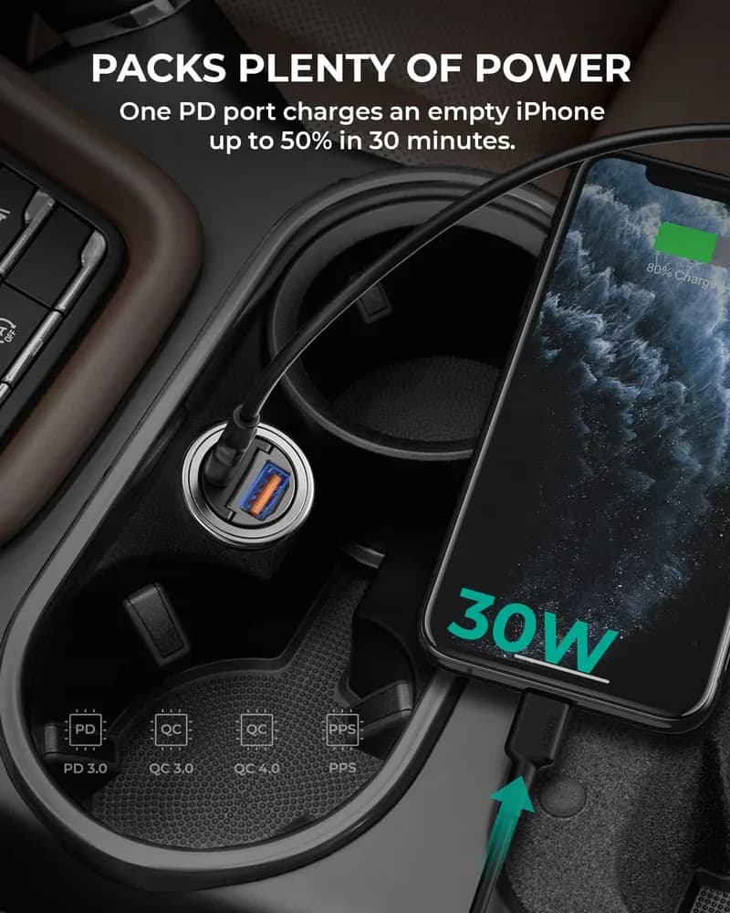 Alimentator Smartphone auto Aukey, CC-A3, 30W, fast charge, alimentare bricheta, 1 x USB-C, 1 x USB-A, negru, "LLTSN1017990" - 608119202393 — miniatură