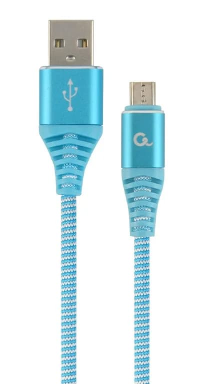CABLU alimentare si date GEMBIRD, pt. smartphone, USB 2.0 (T) la Micro-USB 2.0 (T), 1m, premium, cablu cu impletire din bumbac,turcoaz cu insertii albe, "CC-USB2B-AMmBM-1M-VW"