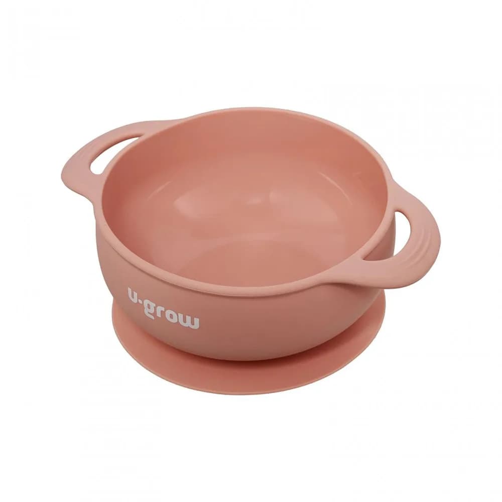 Set diversificare 3 piese silicon : bol, farfurie si cana cu cioc, roz, U-Grow — miniatură