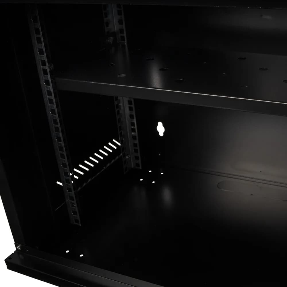 CABINET 19" SPACER 9U 500x400mm, fixare pe perete, Flatpack (dezasamblat), Black, usa sticla cu blocare, panouri detasabile, otel 1mm, sarcina maxima 25Kg, contine un raft, "SPCW-9U-400-BK-02" — miniatură