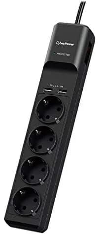 PRELUNGITOR CYBER POWER, Schuko x 4, conectare prin Schuko (T), USB x 2, cablu 1.8 m, 10 A, protectie supratensiune, negru, "P0420SUDO-DE"