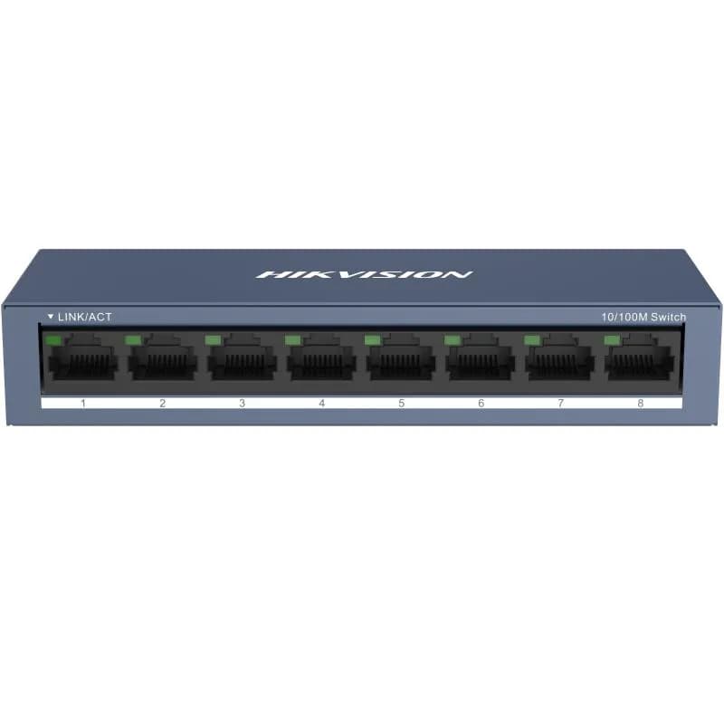 Switch Hikvision DS-3E0108-O: 8 × 10/100 Mbps RJ45 Port, tensiune alimentare 5 VDC, 1A., dimensiuni: 142.4 mm × 25.6 mm × 53.1 mm, greutate: 0.2 kg, montare pe birou sau pe perete.