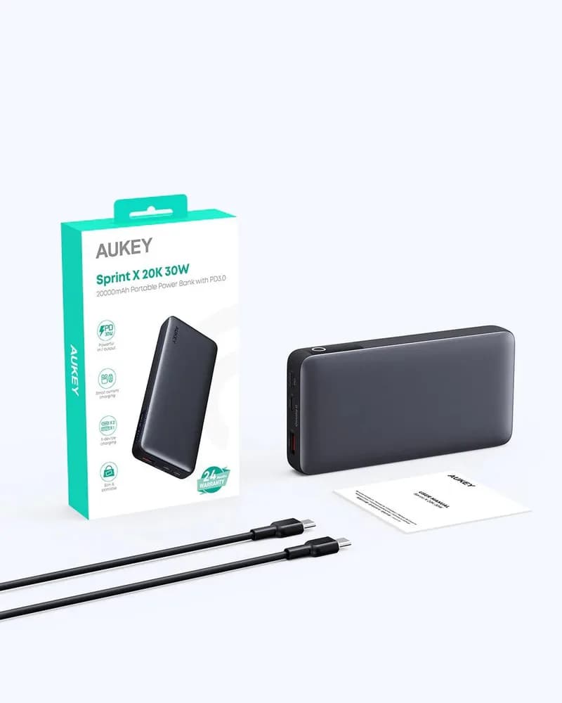 POWER BANK Aukey "PB-Y42" 20.000 mAh, 30W incarcare rapida 3-in-1, 2 x USB-C, 1 x USB-A, 378g, negru, "LLTSN1047247" - 689323786428 — miniatură