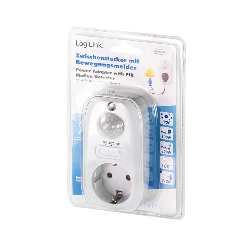 ADAPTOR LOGILINK, Schuko x 1, senzor miscare PIR, detector zi/noapte, IP20, 230 V/16A 50Hz max. 800W (bec luminos) sau max. 300W (LED), alb "PA0248" (include TV 0.18lei) — miniatură