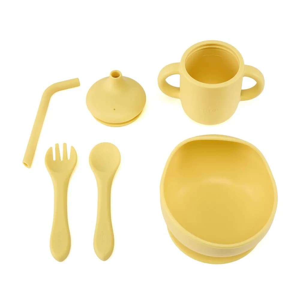 Set 4 piese diversificare din silicon: Cana cu pai, bol, lingurita si furculita, galben, U-Grow — miniatură